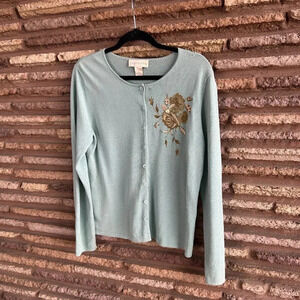 Doncaster Dusty Blue Tan Embroidered Floral Cardigan Sweater Size XL